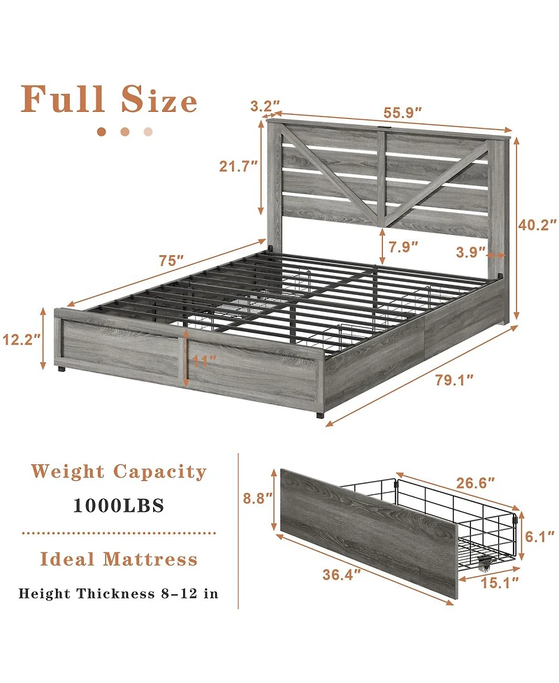 Streamdale Furniture Storage Bed Frame with Headboard, Drawers, Led Light, Metal Support