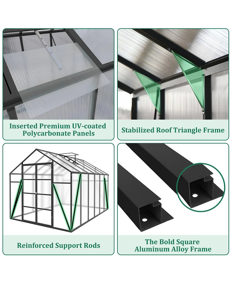 Streamdale Furniture Gain height 10x12 Ft Aluminum All Season Greenhouse with Polycarbonate Panels