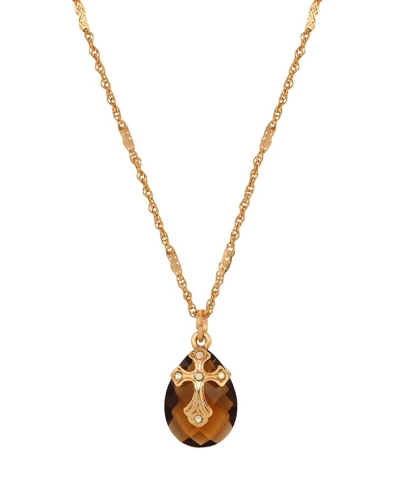 Symbols of Faith 14k Gold Dipped Smoke Topaz Oval Glass Drop Crystal Cross 16"+3" Necklace