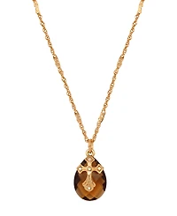 Symbols of Faith 14k Gold Dipped Smoke Topaz Oval Glass Drop Crystal Cross 16"+3" Necklace