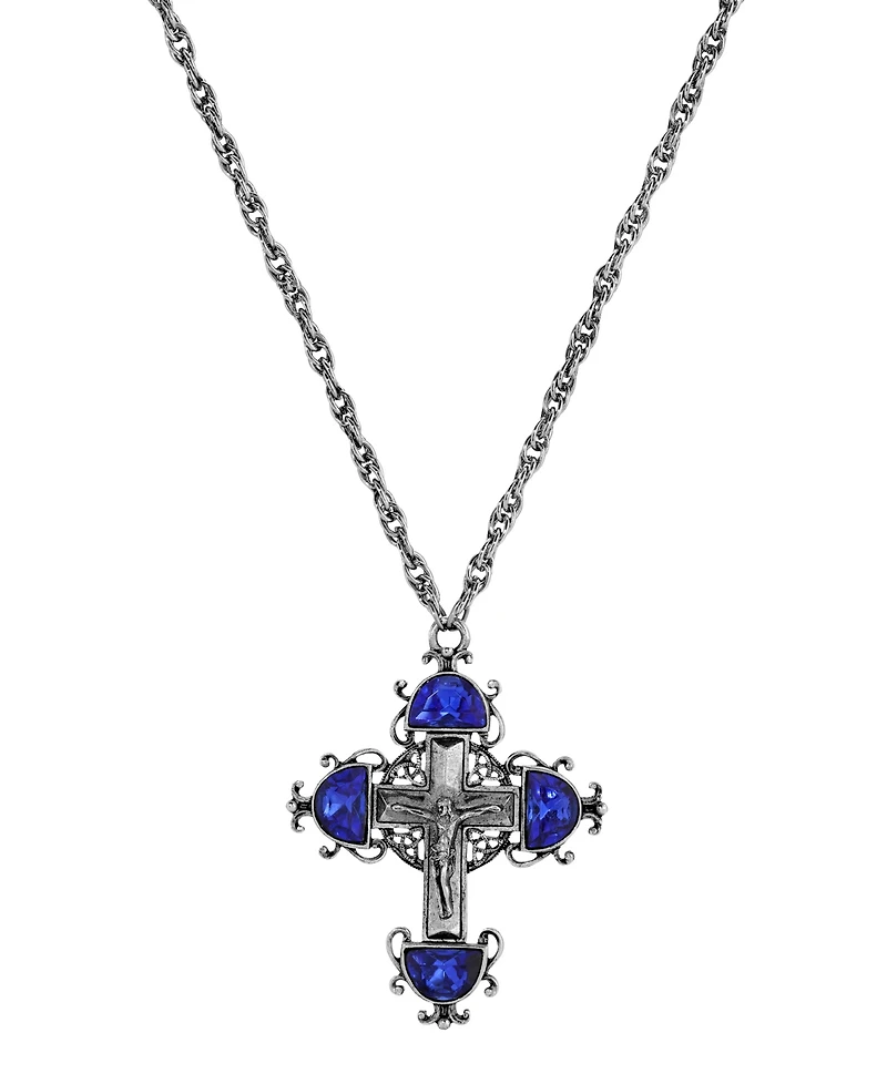Symbols of Faith Silver Pewter-Tone Cross with Sapphire Crystals 28" Necklace