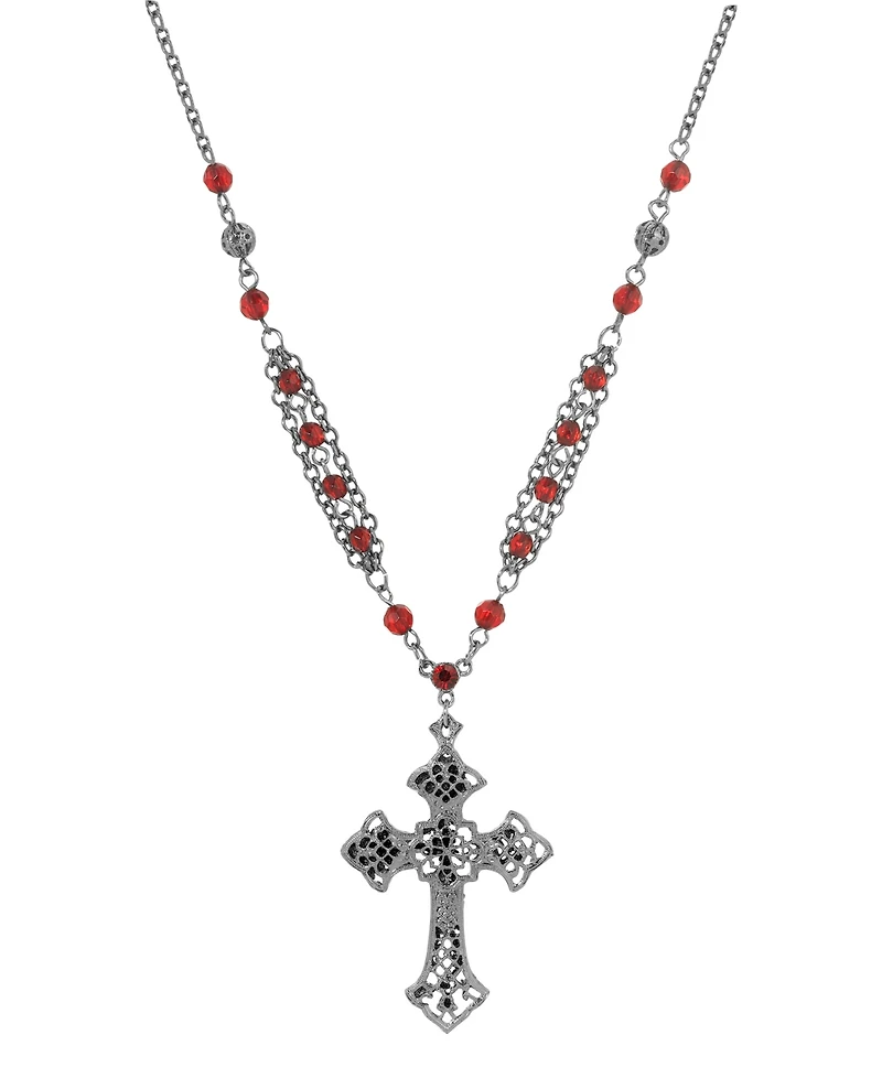 Symbols of Faith Black-Tone Gothic Cross Red Beaded 16" + 3" Chain Necklace