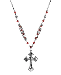 Symbols of Faith Black-Tone Gothic Cross Red Beaded 16" + 3" Chain Necklace