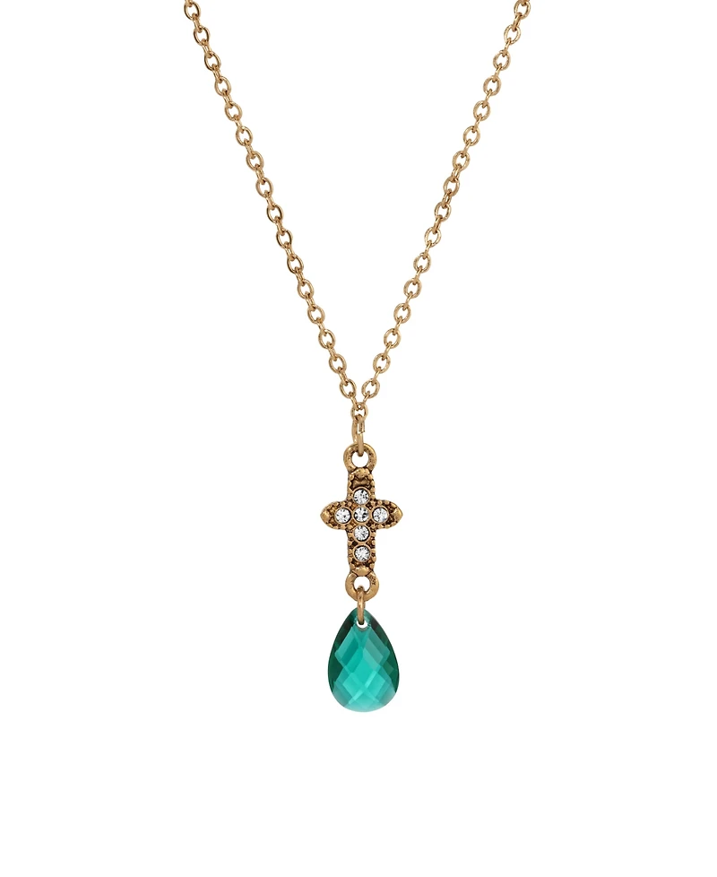 Symbols of Faith Gold-Tone Cross Clear Crystals Clear Briolette Drop 16" Necklace