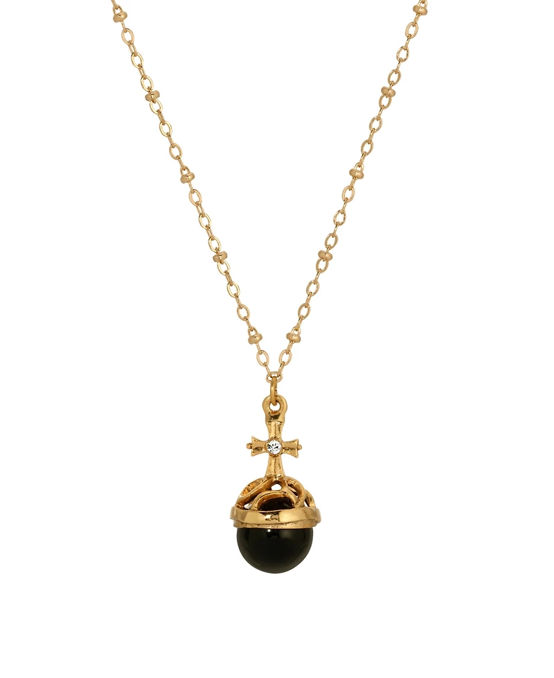 Symbols of Faith 14k Gold Dipped Black Onyx Stone Crystal Cross 16" Necklace