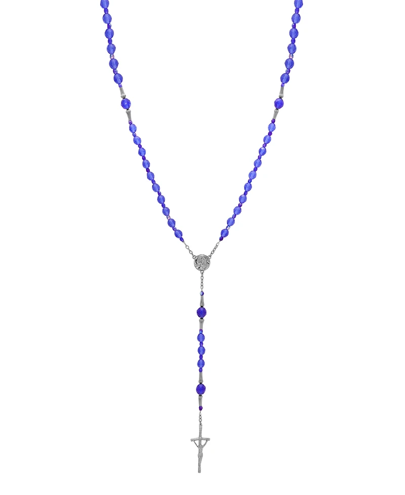 Symbols of Faith Silver-Tone Blue Bead Virgin Mary Crucifix Rosary