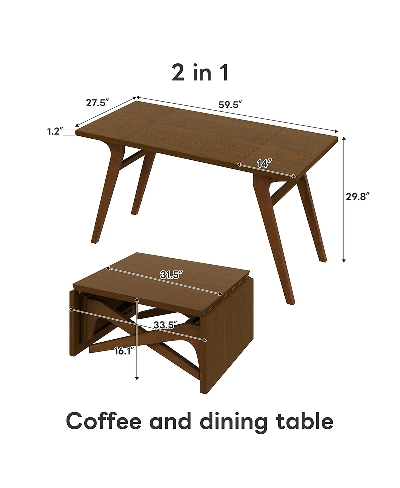 Rainsken 2-in-1 Convertible Coffee and Expandable Dining Table for 3, Space-Saving Height Adjustable Design Perfect for Small Apartments