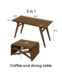 Rainsken 2-in-1 Convertible Coffee and Expandable Dining Table for 3, Space-Saving Height Adjustable Design Perfect for Small Apartments