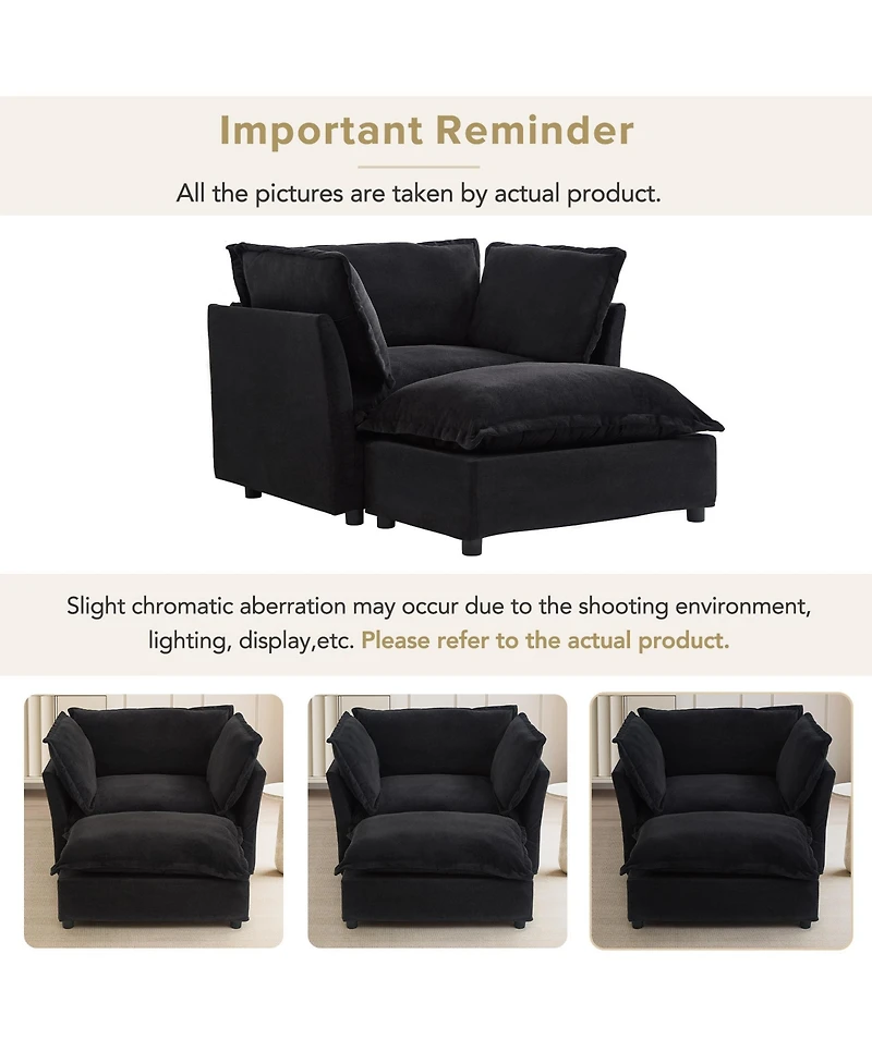 Rainsken Modern Single Sofa with Movable Ottoman, 47" Cozy Upholstered Sofa Chair with Wide Seat, Curved Armrests and Soft Pillows for Living Room