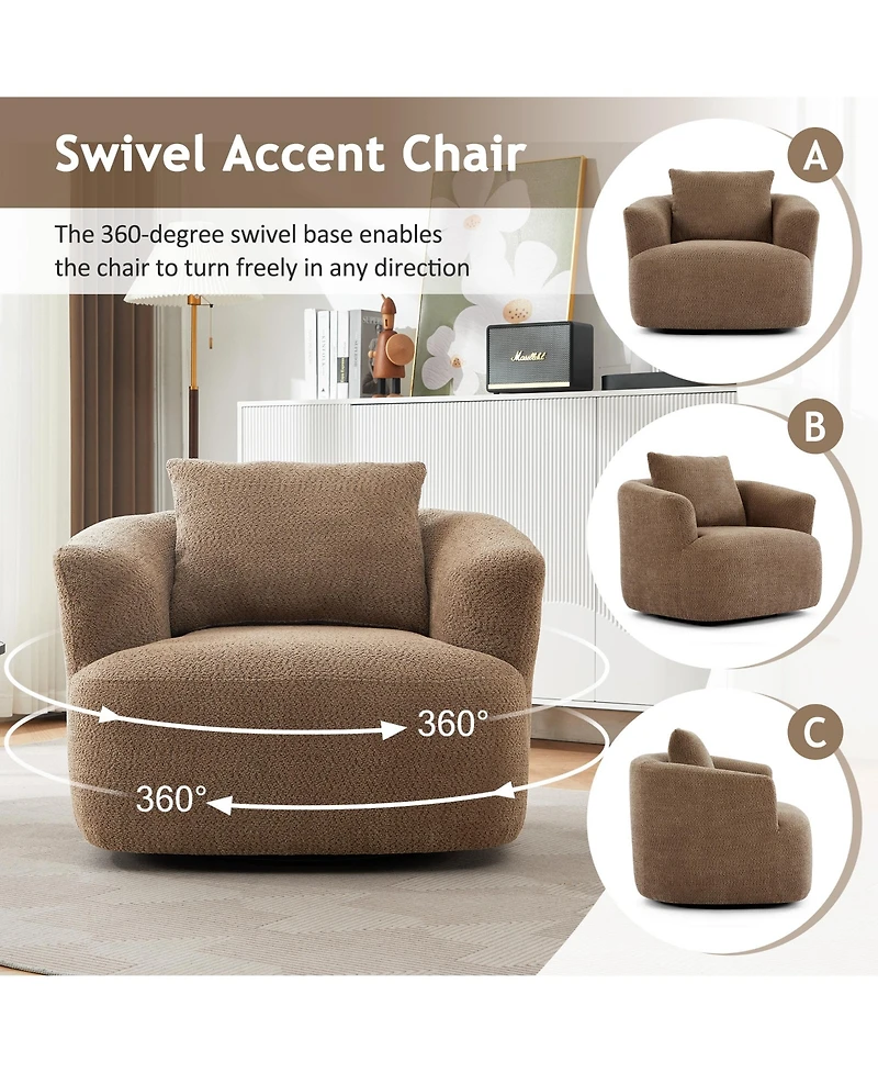 Rainsken 360degree(s) Swivel Sofa Chair, 38.2" Upholstered Barrel Chair with Deep Seating and a Throw Pillow for Living Room, Bedroom