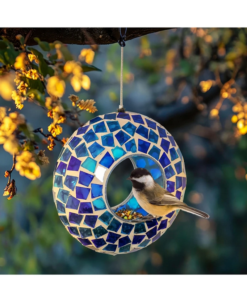 Outdoor Garden Patio Round Glass with Mosaic Design Hanging Fly-Through Bird Feeder