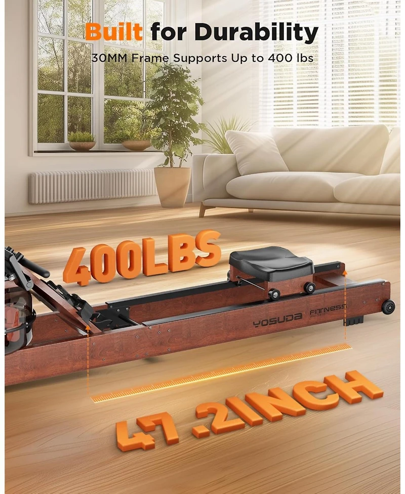 Fed Fitness Pro Wood Water Rowing Machine, Upgraded Ergonomic Frame, 400 Lbs Weight Capacity, Foldable, Large Leak-Proof Tank, Bluetooth App