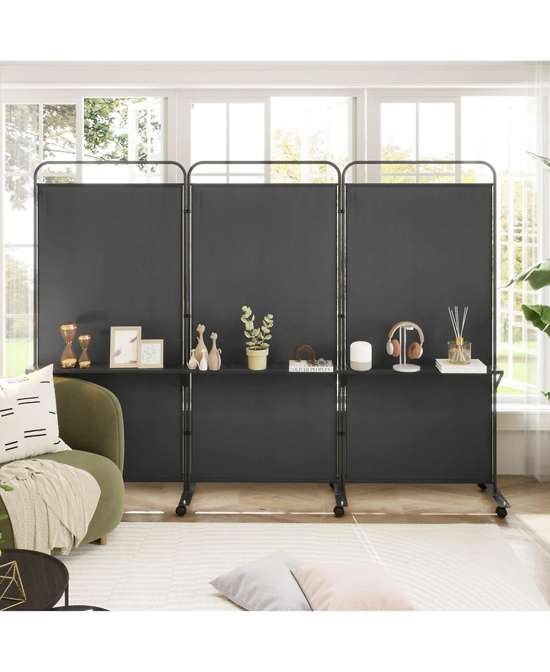 sumyeg 3-Panel Folding Room Divider with Metal Shelves and Lockable Wheels