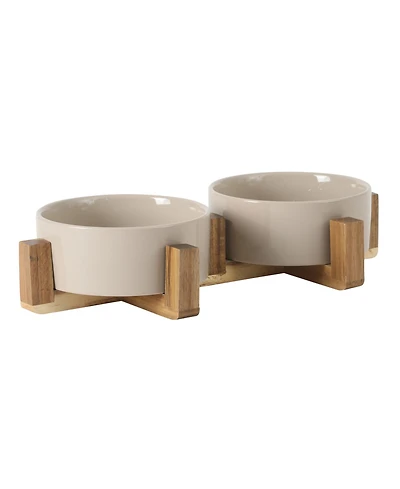 Gibson Home Zoomie Bites 5.5inch Ceramic Dog and Cat Bowl with Acacia Wood Stand Non-Slip Matte Glaze Weighted Food Water Set for Cat and Dog