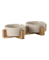 Gibson Home Zoomie Bites 5.5inch Ceramic Dog and Cat Bowl with Acacia Wood Stand Non-Slip Matte Glaze Weighted Food Water Set for Cat and Dog