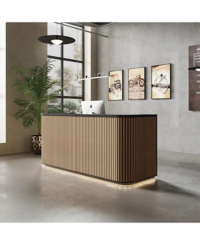 Logicfox 70.8in Curved Reception Desk, Mid Century Front Desk Reception Room Table with Power Outlet and Led Light