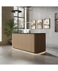 Logicfox 70.8in Curved Reception Desk, Mid Century Front Desk Reception Room Table with Power Outlet and Led Light