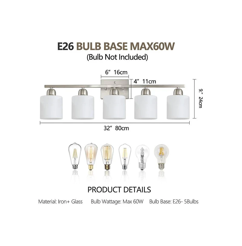 Busdays 5 Light Brushed Nickel Modern Bathroom Light Fixture Vanity Light Over Mirror Wall Sconce Frosted Glass Shades E26 Socket Bulbs Not Included