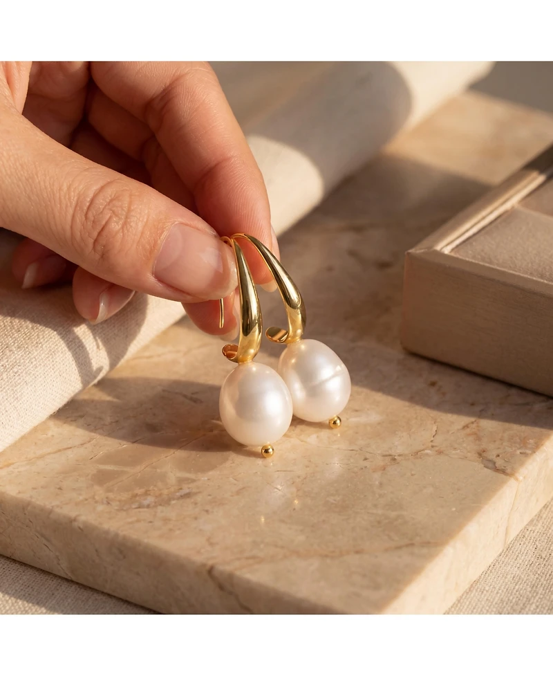 Classy Sterling Silver with 14K Gold Plating and Genuine Freshwater Pearl Dangling Earrings