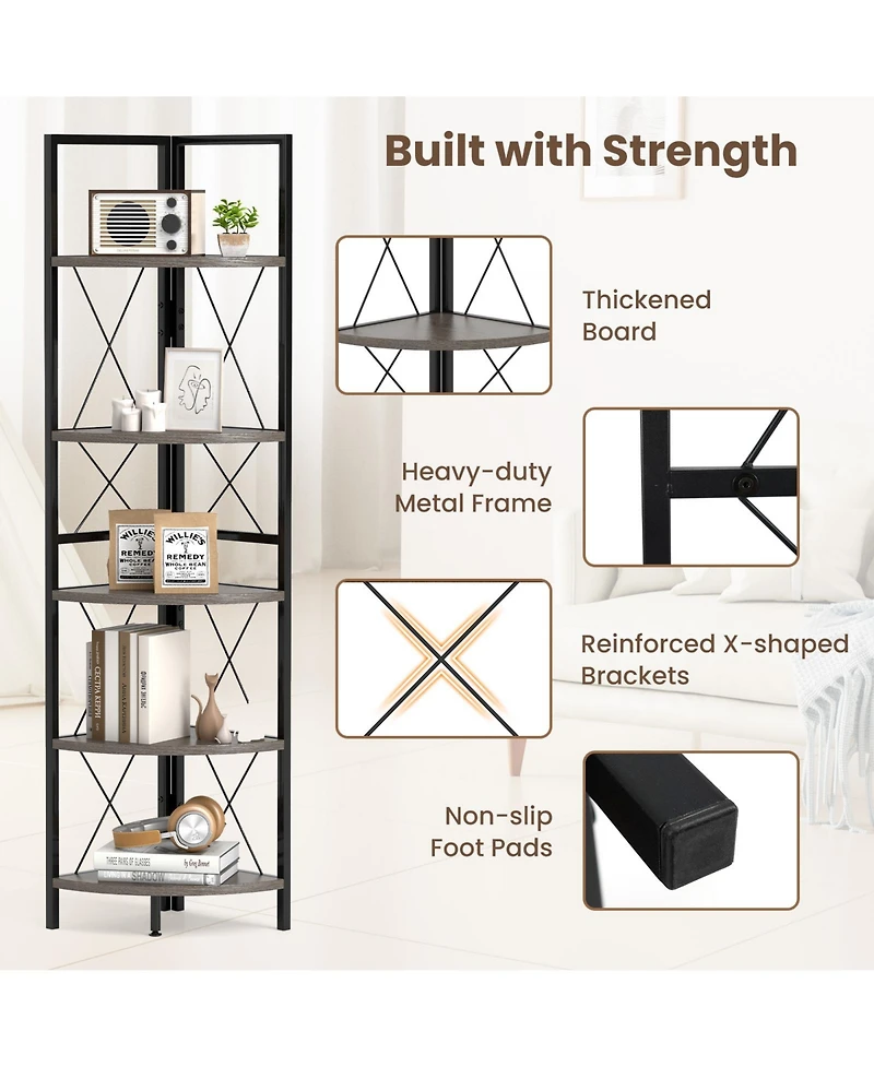 Gymax 2 Piece 5 tier Corner Display Rack Corner Ladder Bookshelf with Sturdy Metal Frame
