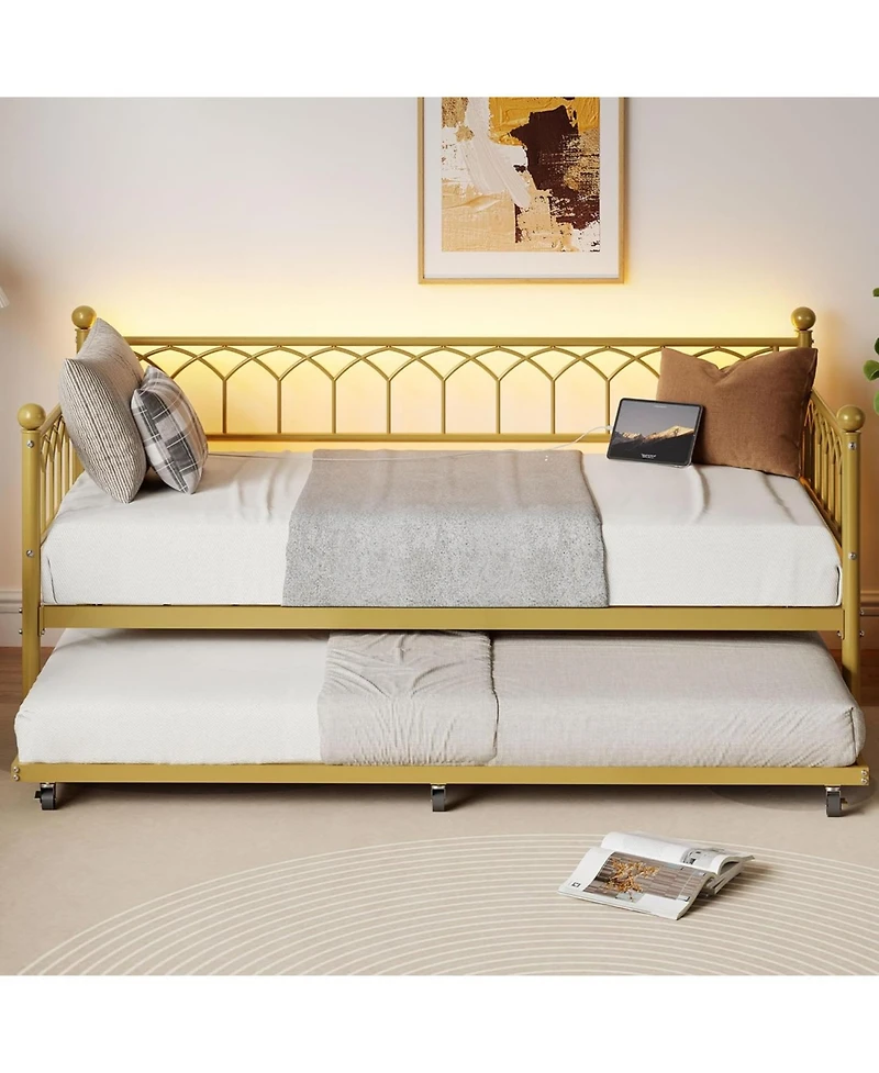 gaomon Twin Daybed with Trundle, Day Bed with Charging Station And Led Lights, Metal Sofa Bed Frame with Pull Out Trundle