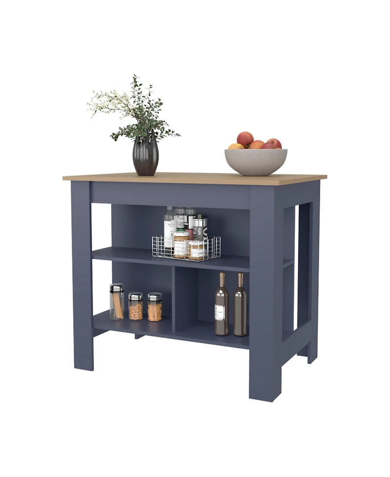 Fm Furniture Arlington isla de cocina, diseno moderno con estantes abiertos, almacenamiento multifuncional en kronos fresno y kronos azul