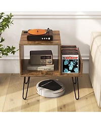 sumyeg Mid-century Record Player Stand with Power Outlet and Vinyl Divider