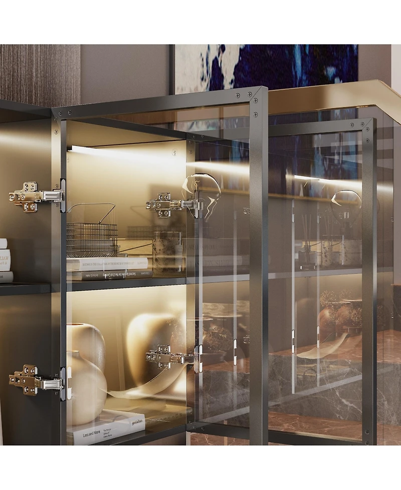 Famapy Bookshelf/Pantry with Glass Door and Led Lights for Living Room/Kitchen