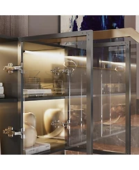 Famapy Bookshelf/Pantry with Glass Door and Led Lights for Living Room/Kitchen