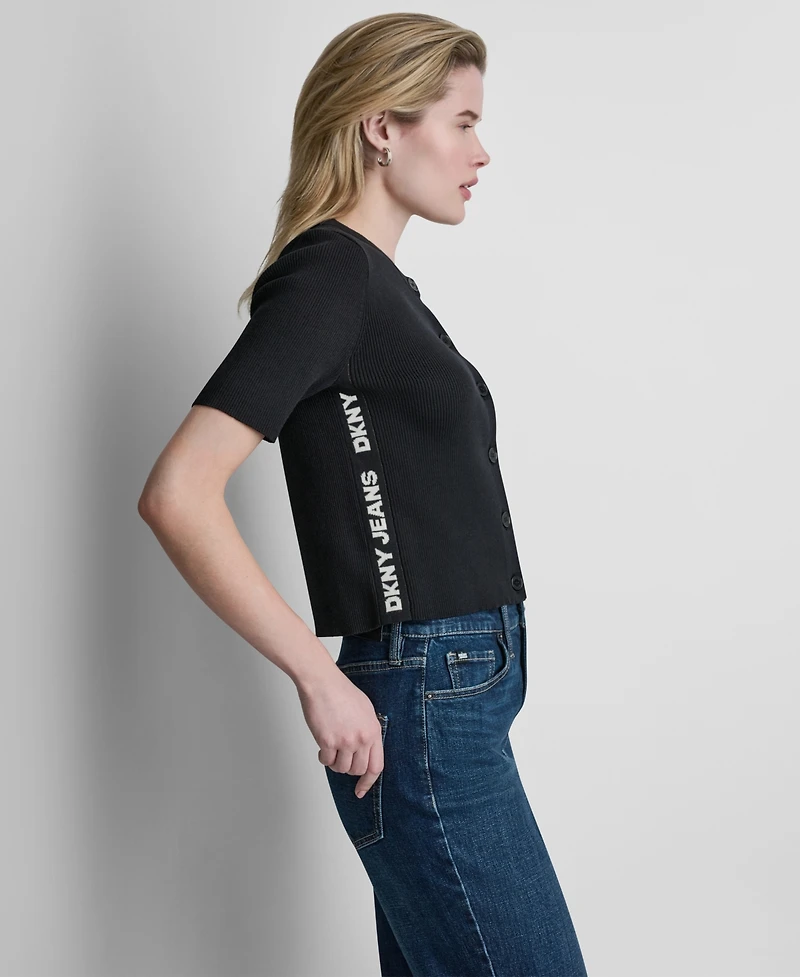 Dkny Jeans Women's Side Logo Button Front Elbow Sleeve Crewneck Sweater