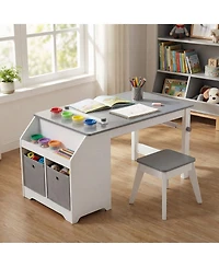 Slickblue Kids Drawing Table and Stool Set with Paper Roll and Painting Cups