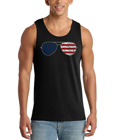 La Pop Art Men's American Flag Sunglasses Patriotic Word Graphic Tank Top