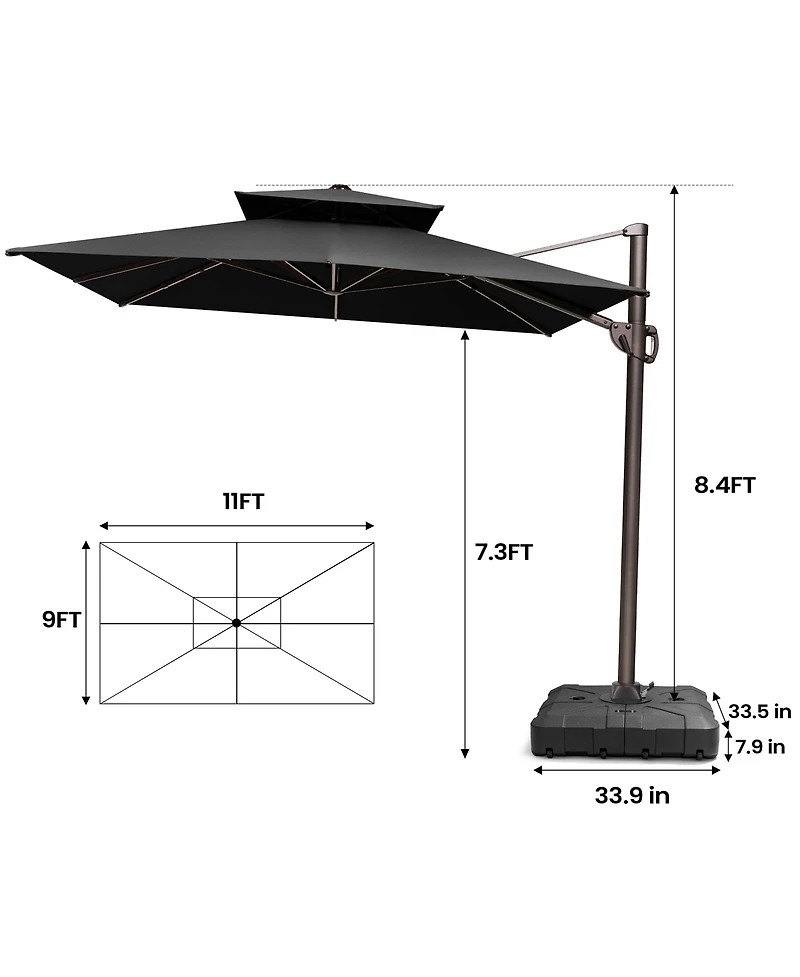 Pellebant Outdoor Patio Double Top 9x11FT Square Aluminum Cantilever Umbrella with Wheel Base