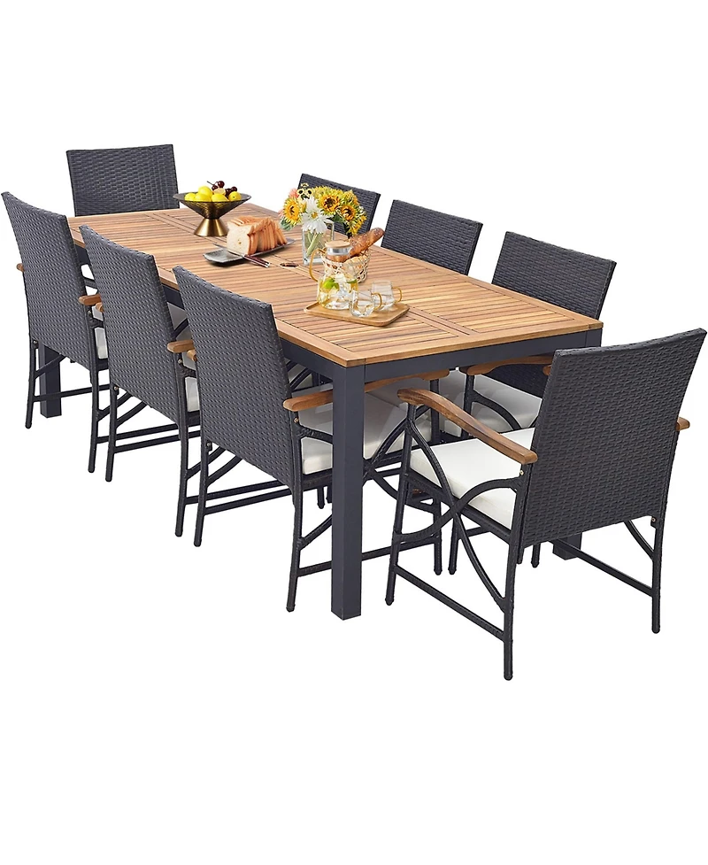 Gymax Set of 9 Outdoor Dining Table with Acacia Wood Table and Cushions 1.9'' Umbrella Hole