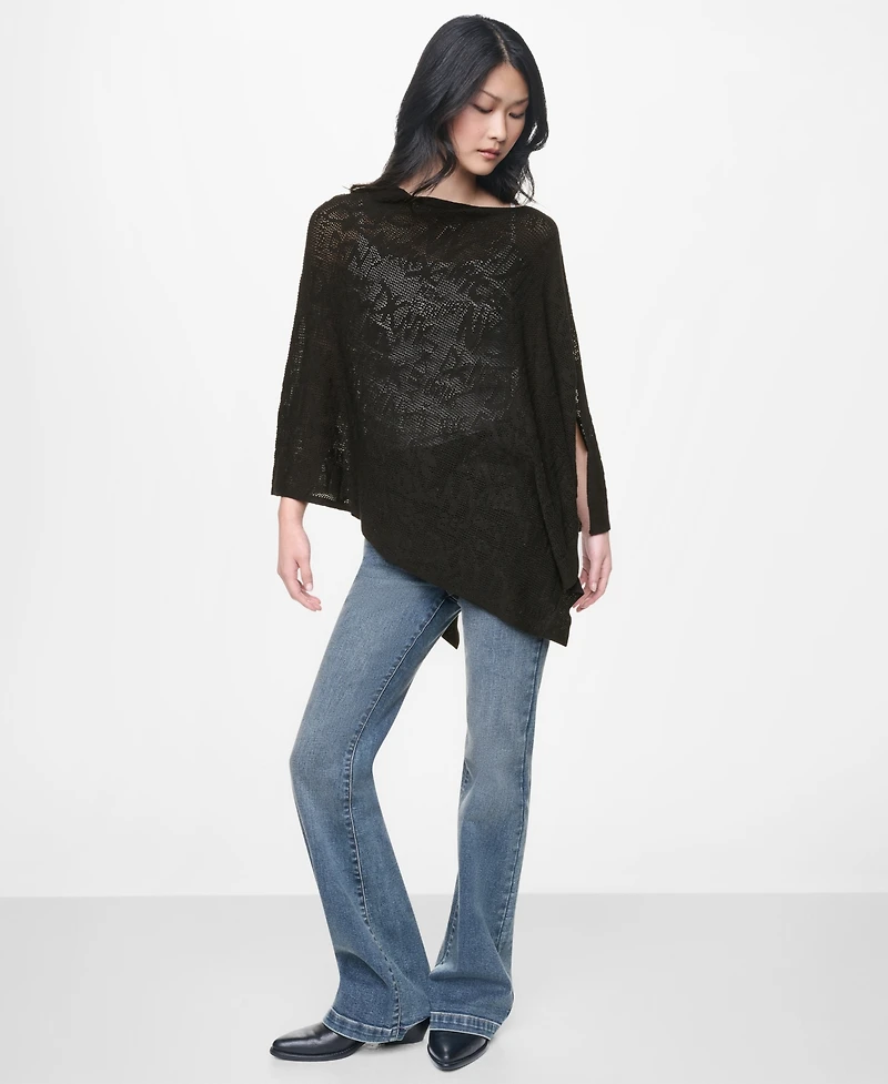 Dkny Jeans Women's Asymmetric Logo Pointelle Stitch Poncho Sweater