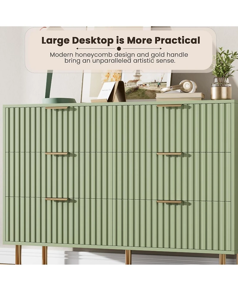 homfan Modern Fluted 6 Drawer Dresser - Wide Wooden Chest with Deep Drawers Double Tv Stand for Bedroom, Living Room, Hallway, Kids Room