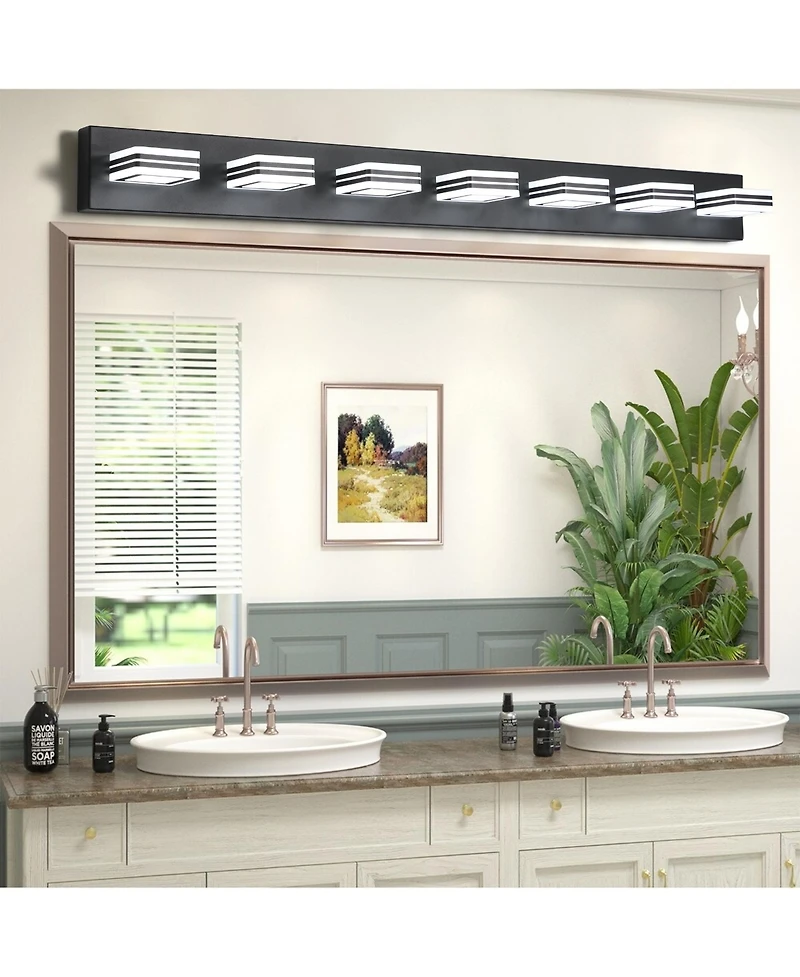 Busdays Modern 7 Light Led Vanity Light 45 Inch Black Finish Square Acrylic Lampshades Wall Mount for Bathroom Mirror Lighting