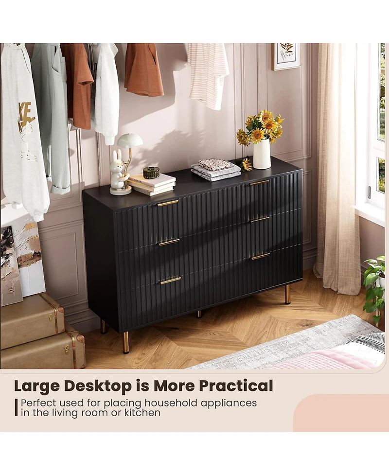 homfan Modern Fluted 6 Drawer Dresser - Wide Wooden Chest with Deep Drawers Double Tv Stand for Bedroom, Living Room, Hallway, Kids Room