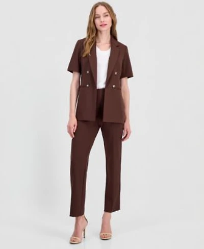 Anne Klein Womens Faux Double Breasted Short Sleeve Jacket Stretch Crepe Hollywood Waist Straight Ankle Pants