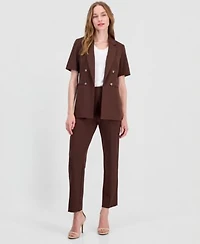 Anne Klein Womens Faux Double Breasted Short Sleeve Jacket Stretch Crepe Hollywood Waist Straight Ankle Pants