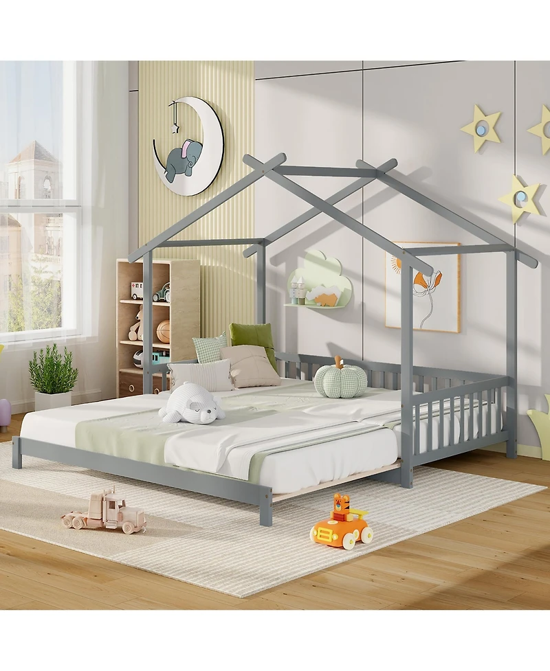 Gymax Wooden House Bed Twin to King Daybed w/ Safety Rails and Decorable Roof