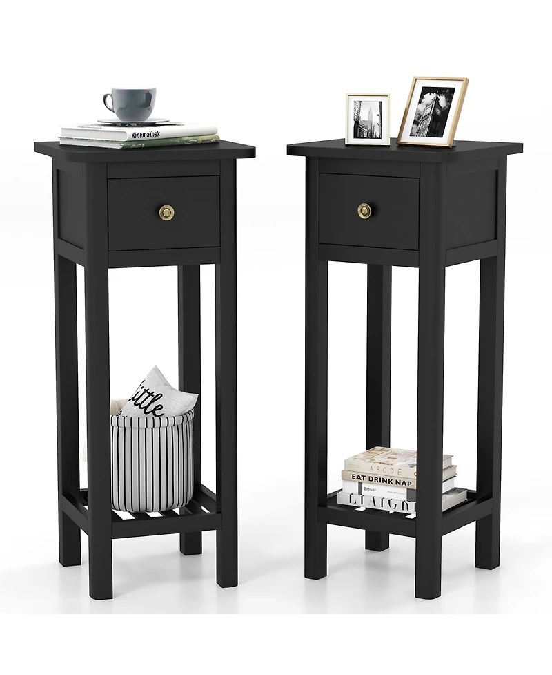 Gymax Solid Wood Side Table Rectangular 2PCS Sofa Side Table w/ Acacia Wood Top Telephone Table