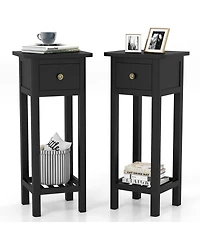 Gymax Solid Wood Side Table Rectangular 2PCS Sofa Side Table w/ Acacia Wood Top Telephone Table