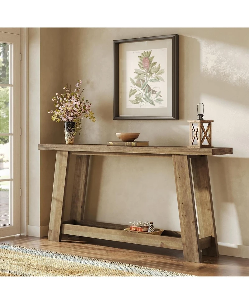 Slickblue Farmhouse Wooden Sofa Console Table with 2-Tier Shelf for Entryway-Light Brown