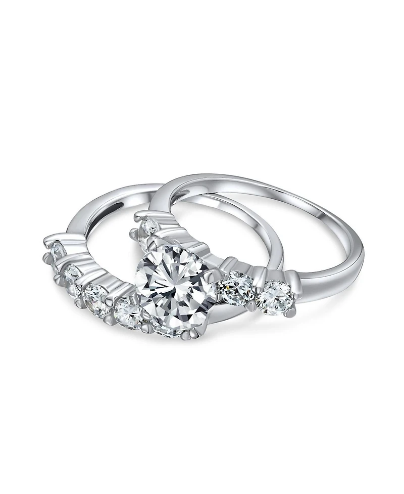 Bling Jewelry Solitaire Cz Engagement Ring Set 3.5CTW Round Side Stones Anniversary Band .925 Sterling Silver
