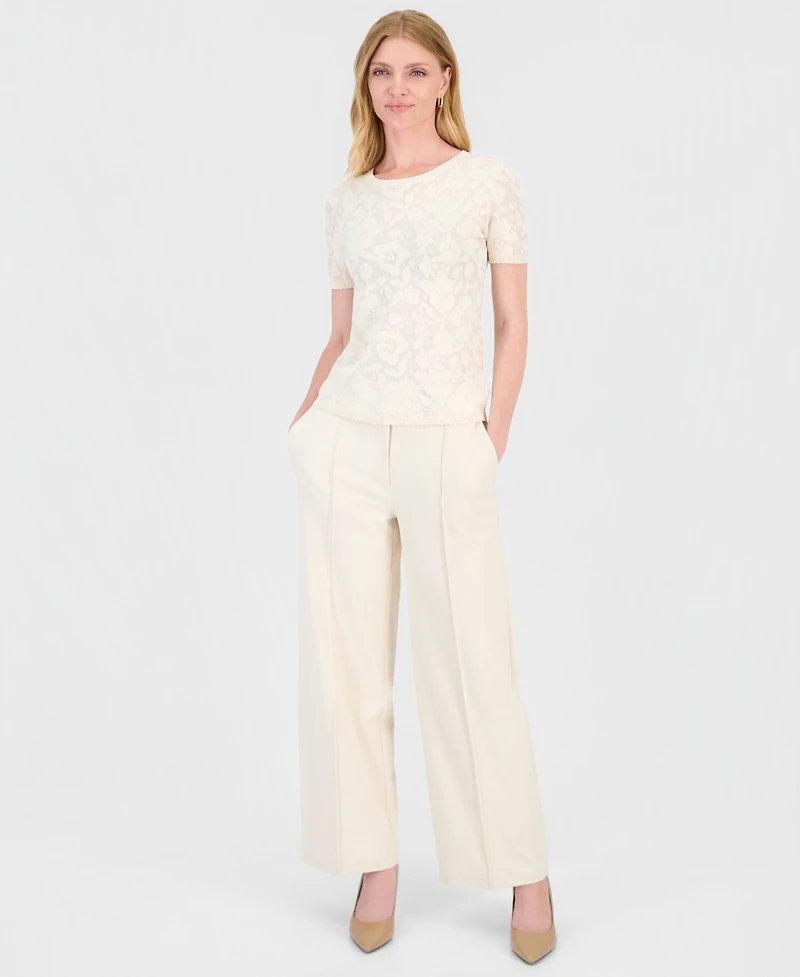 T Tahari Women's Burnout Floral Crewneck Top