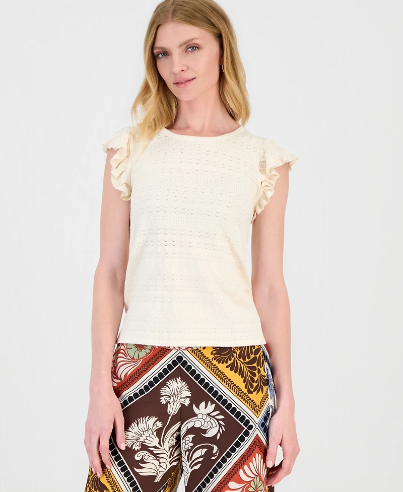 T Tahari Women's Flutter-Sleeve Pointelle-Knit Top