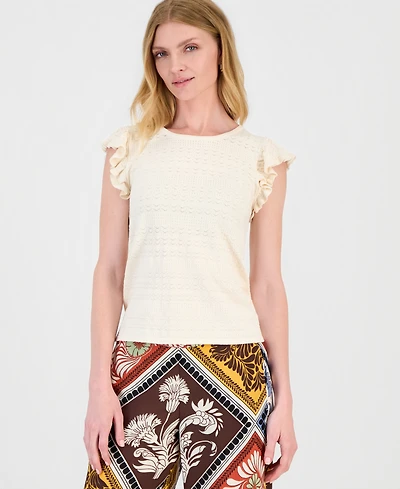 T Tahari Women's Flutter-Sleeve Pointelle-Knit Top
