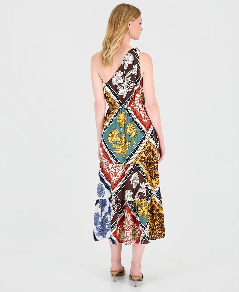 T Tahari Women's Printed Tiered One-Shoulder Maxi Dress