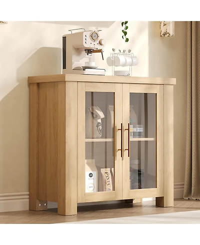 homfan Wooden Sideboard Credenza, Buffet Cabinet with Tempered Glass Doors for Living Room, Dining Room and Kitchen Storage